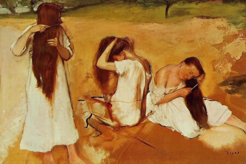a painting of three women combing their hair