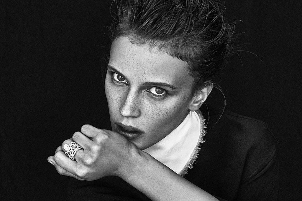 a black and white image of the actress marine vacth