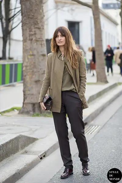 caroline de maigret in black trousers