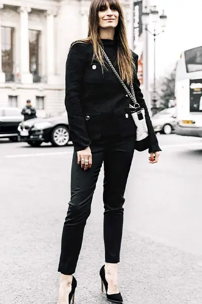 caroline de maigret in black trousers