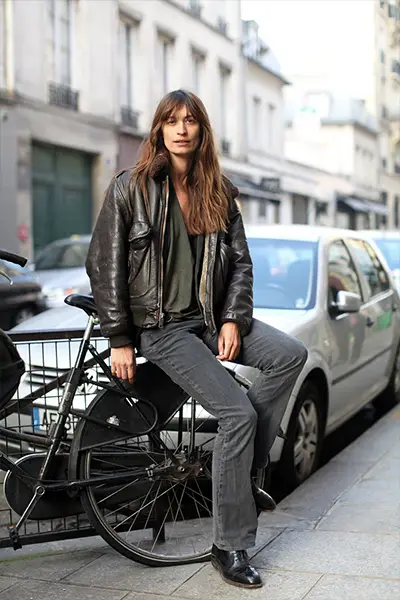 caroline de maigret in a leather jacket