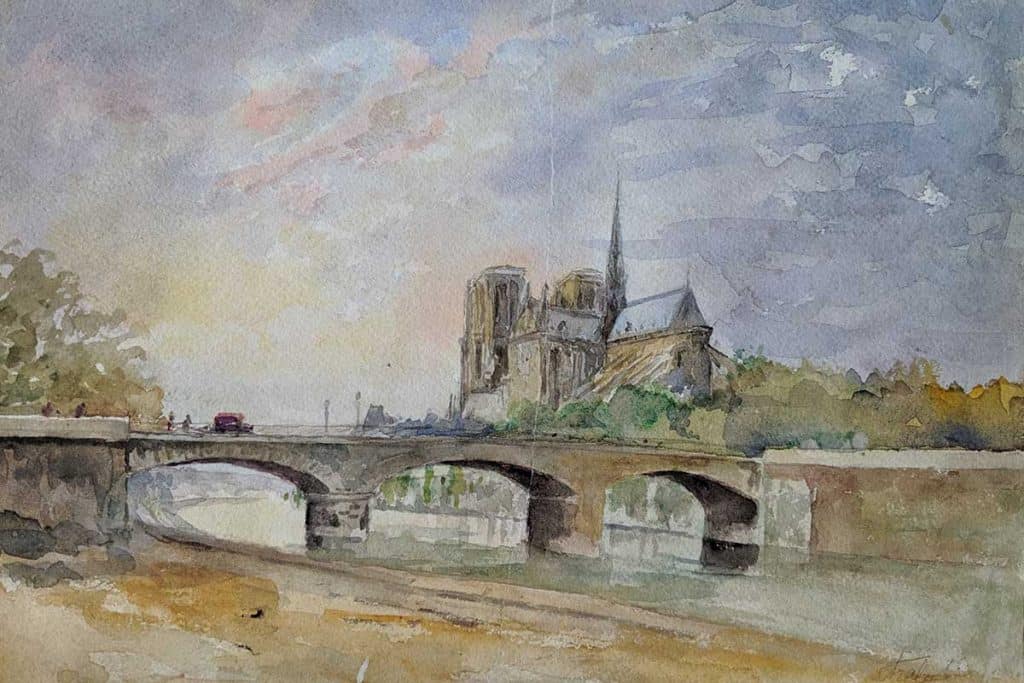 a painting of notre dame and the seine