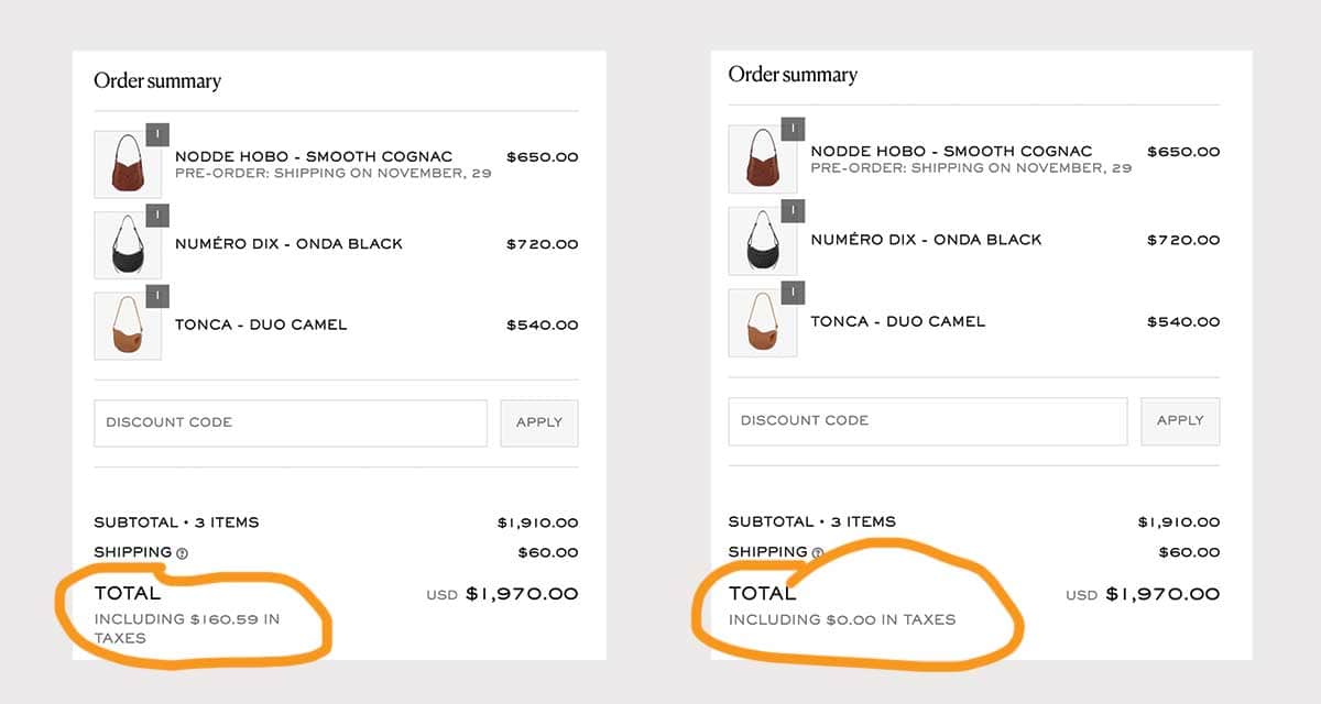 is polene cheaper in paris - a graphic showing different costs for sales tax on polene items