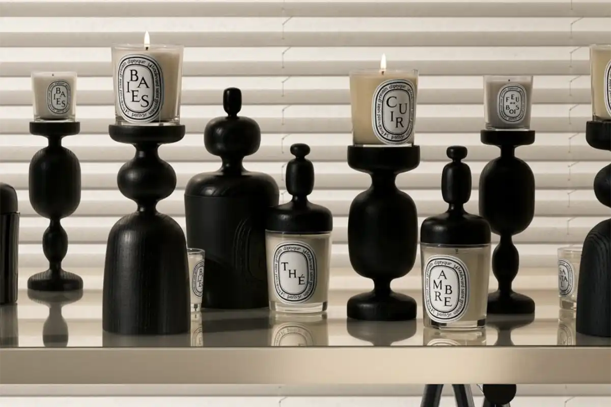 array of candles on wood stands - best diptyque candles for men