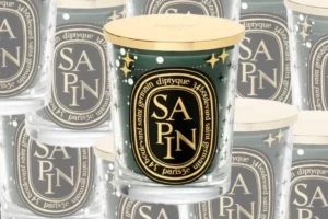 sapin candle from diptyque shown in front of array of other sapin candles
