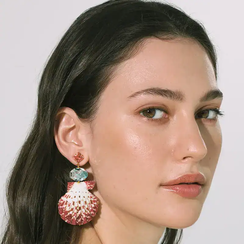 jennifer behr scallop and crystal aegean earrings shown on model