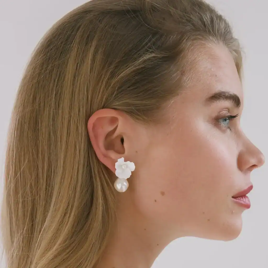 jennifer behr floral and pearl clarabel earrings shown on bridal model