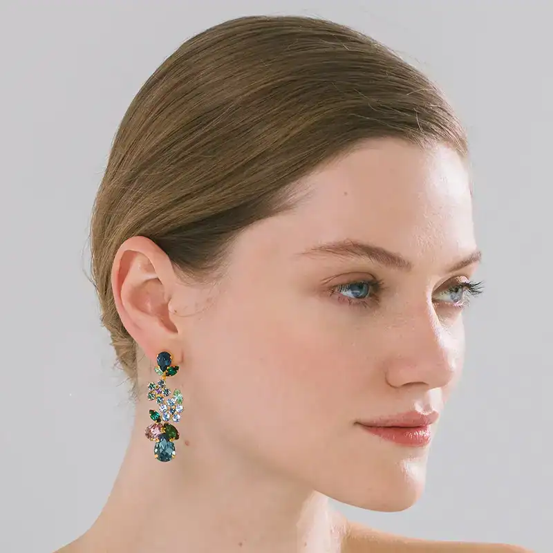 jennifer behr crystal drop martella earrings shown on model