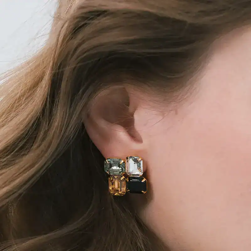 jennifer behr crystal colorblock piccolo earrings shown on model