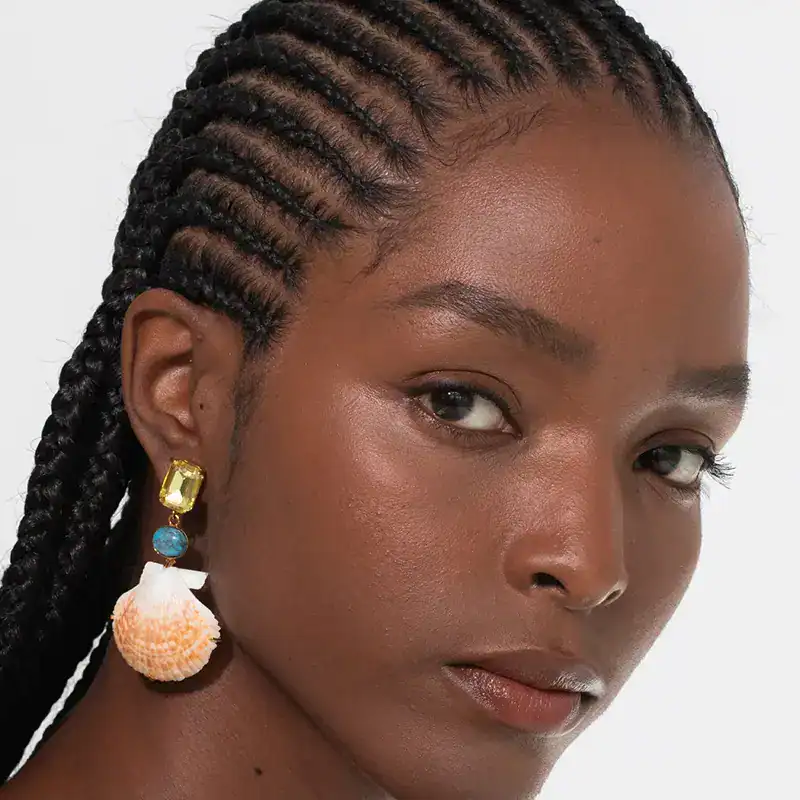 jennifer behr scallop, crystal and turquoise riviera earrings shown on model