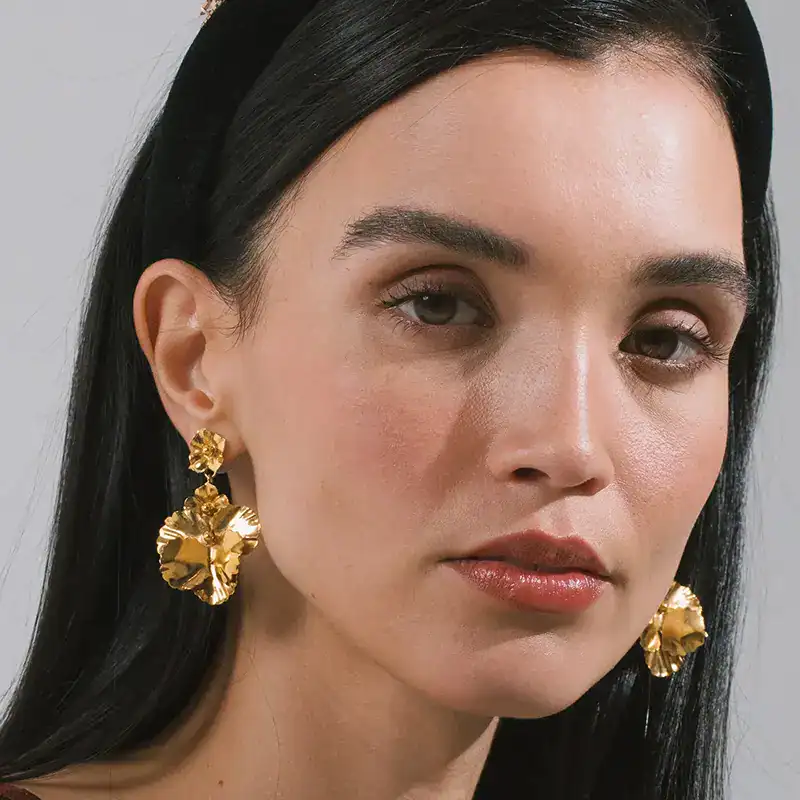 jennifer behr tiger's golden floral earrings shown on model