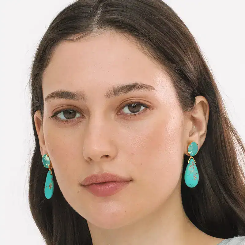 jennifer behr crystal and turquoise sanremo earrings shown on model