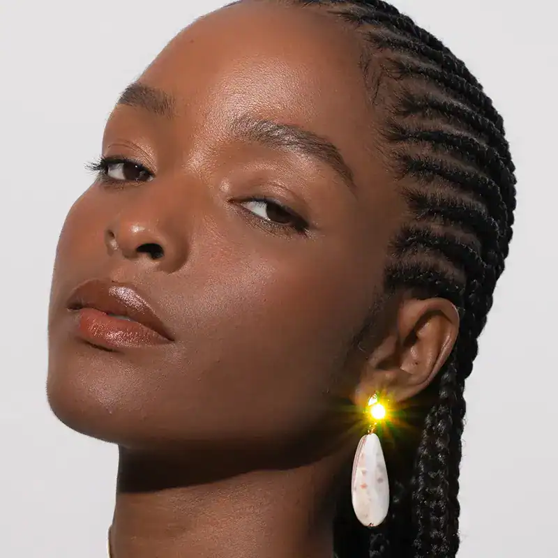 jennifer behr crystal and shell sybil earrings shown on model