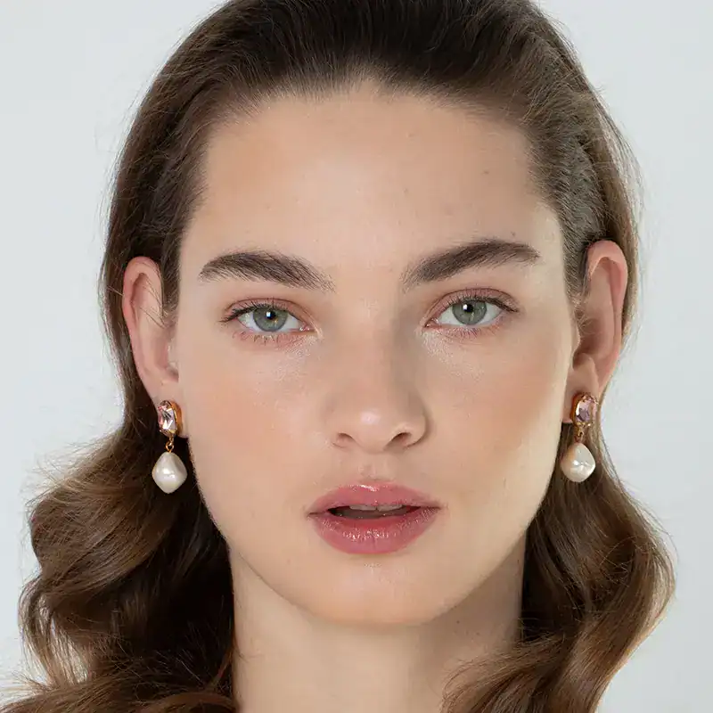 jennifer behr crystal and pearl tunis earrings shown on model