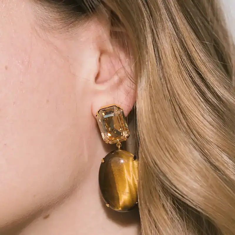 jennifer behr tiger's eye and crystal xiomara earrings shown on model